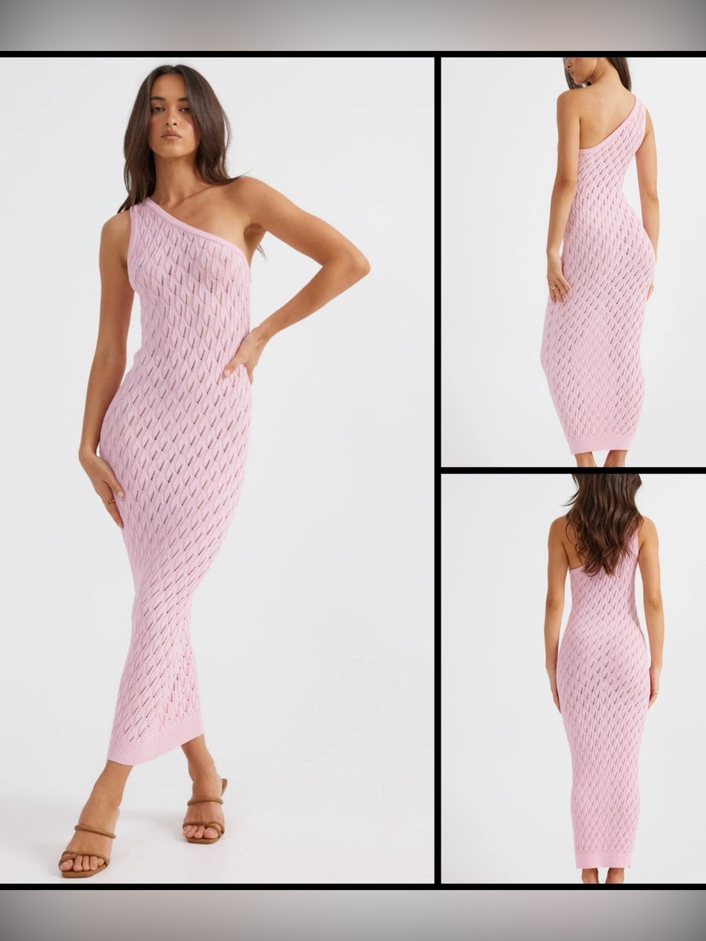 SNDYS Pink Claire One-Shoulder Crochet Knit Bodycon Coquette Maxi Dress M